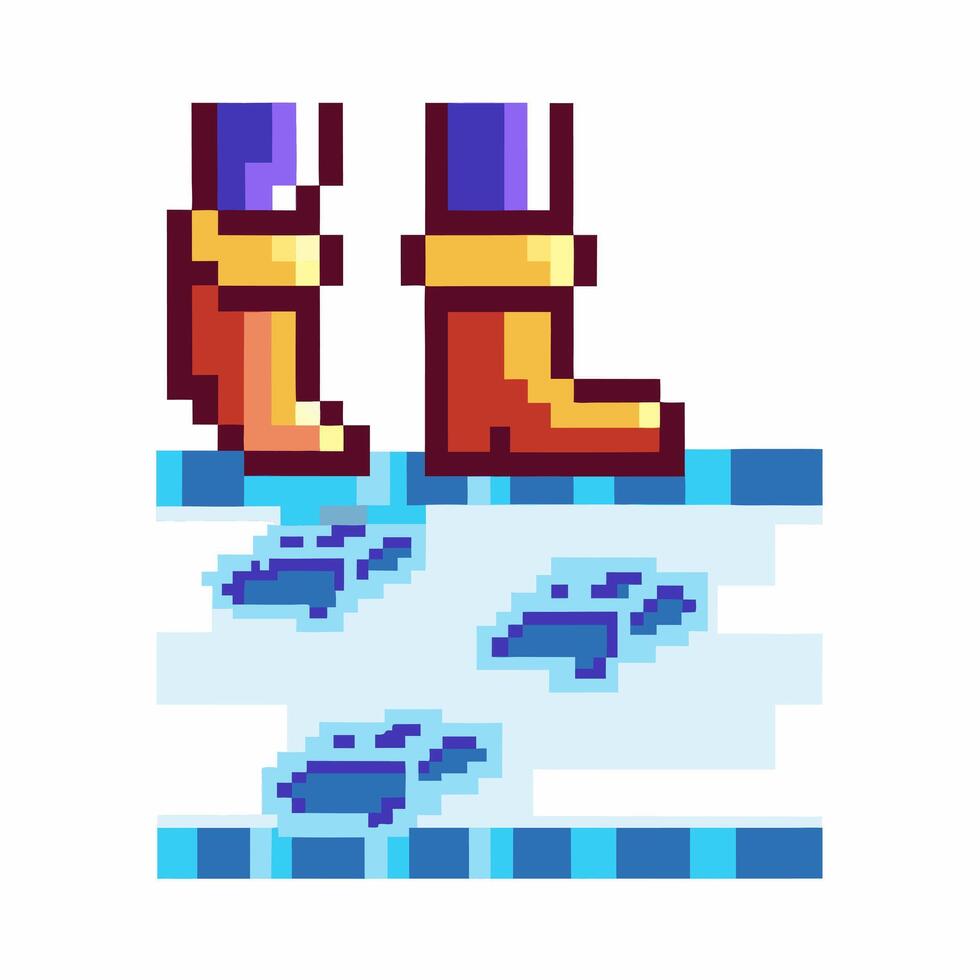 Pixel art rain boots and puddles with footprints, retro vector
