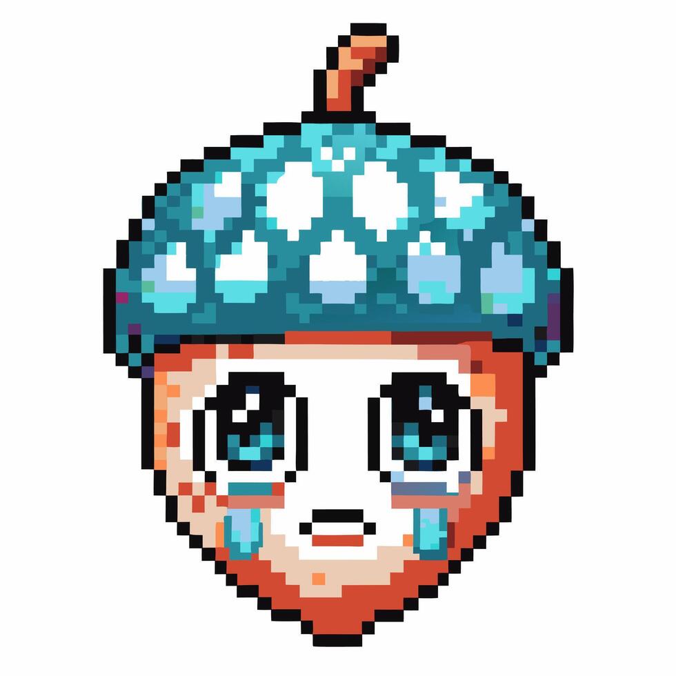 Pixelated acorn with teardrop eyes, retro digital art, sad expression vector