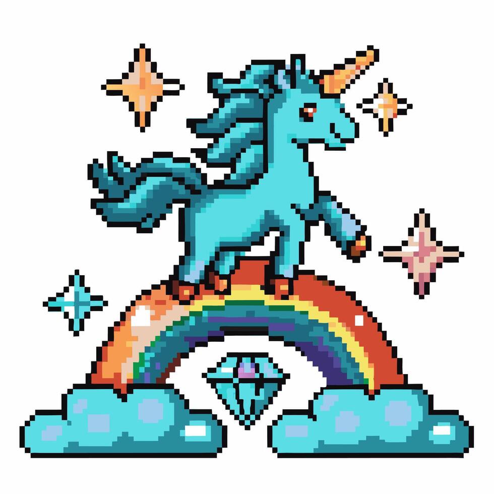 Pixel art unicorn on rainbow with sparkling stars and diamond fantasy, colorful digital retro design vector