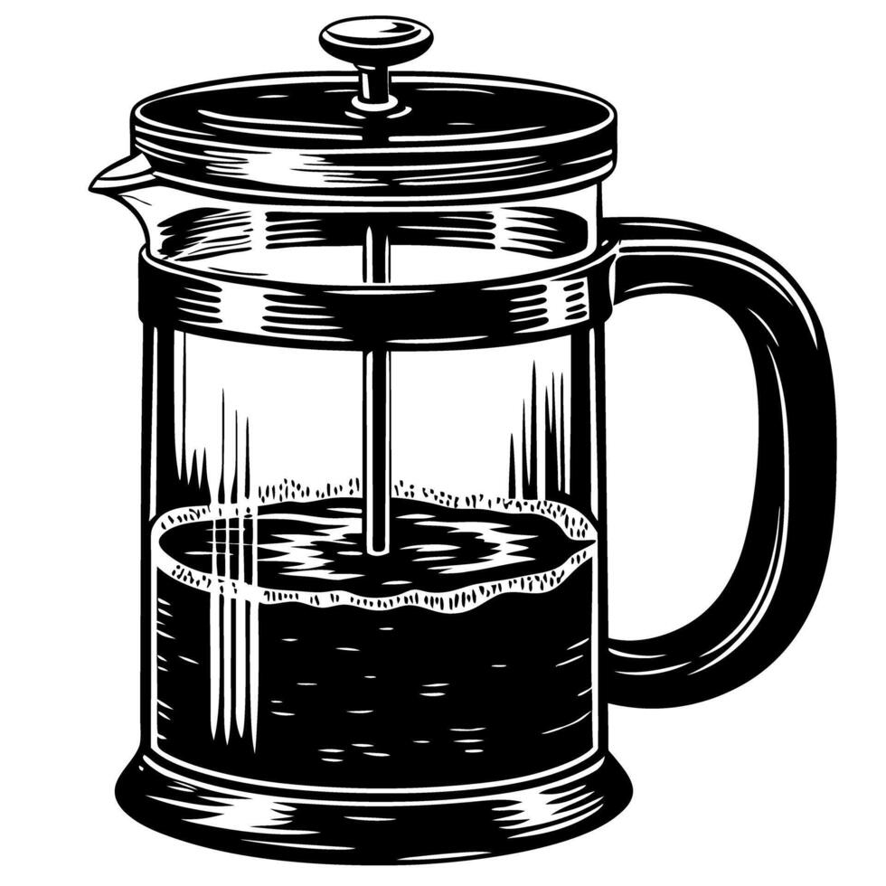french press coffee maker sketch elegant black and white illustration, brewing coffee concept vector