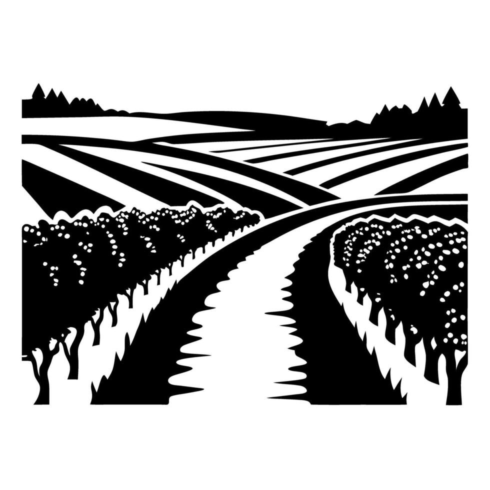 scenic rural landscape with orchard trees and rolling hills in black and white illustration vector