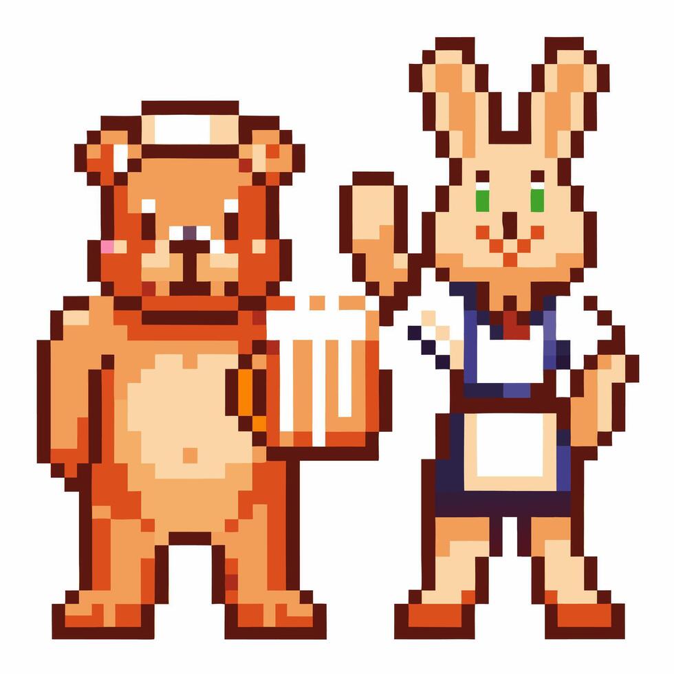 Pixel art bear and rabbit serving beer, friendly pub scene with cute characters vector