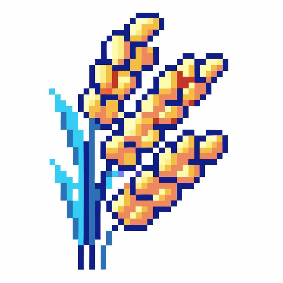 Pixelated wheat stalks retro game, pixel art, 8 bit agriculture and nature icon vector
