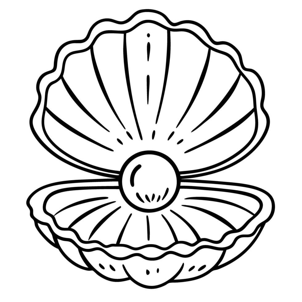 open clam shell with a pearl black and white outline illustration of marine life and treasure vector