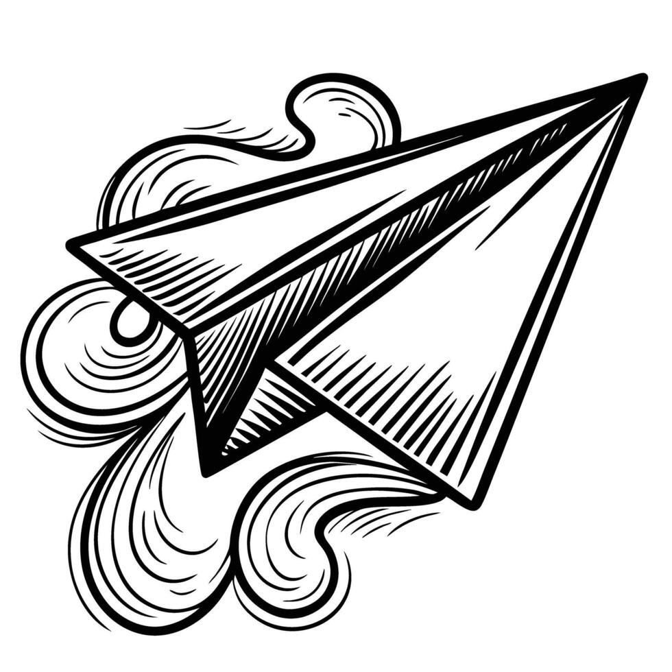 paper airplane soaring with swirling trails, artistic monochrome design vector