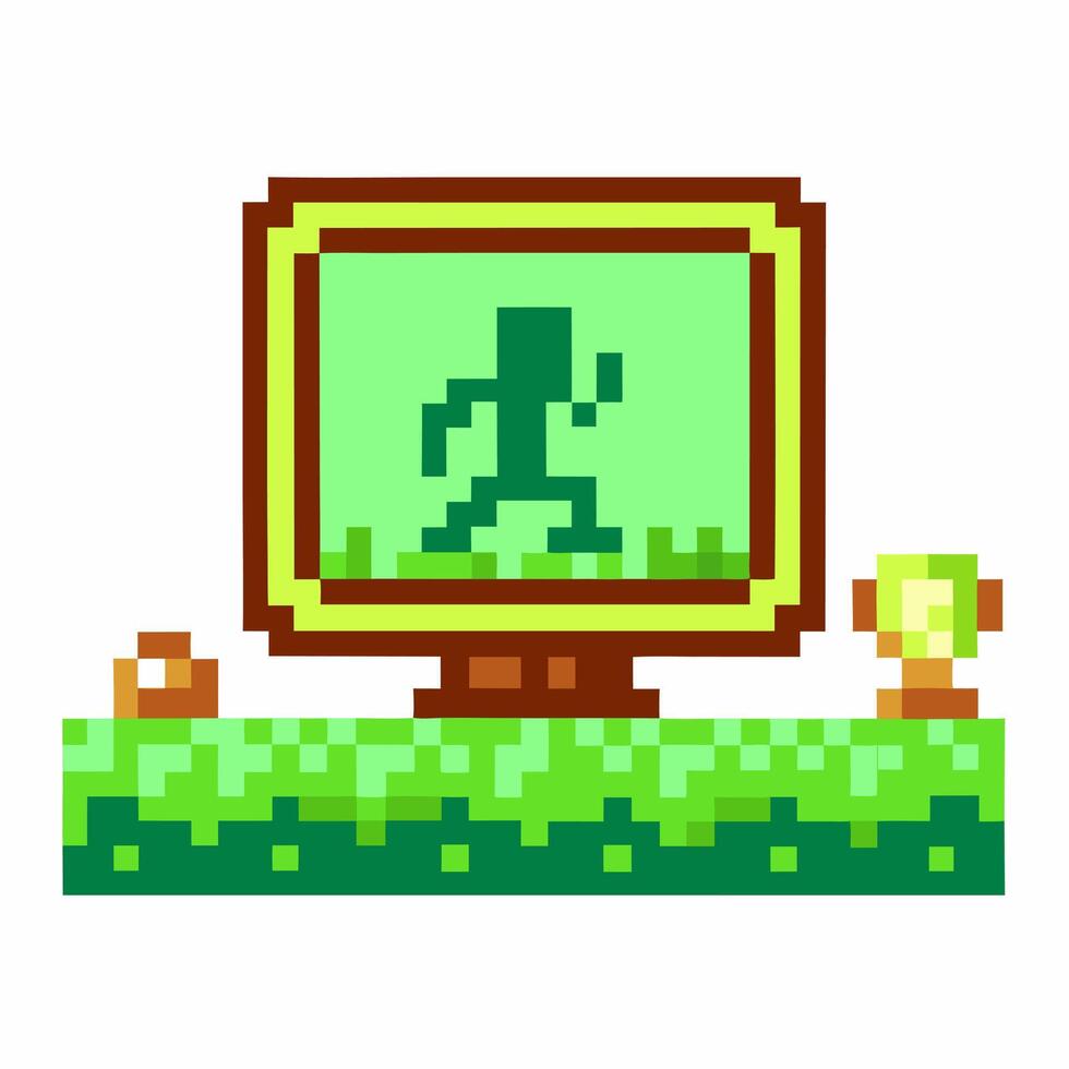 pixelated 8 bit game art retro gaming scene, digital character on monitor, green pixel vector