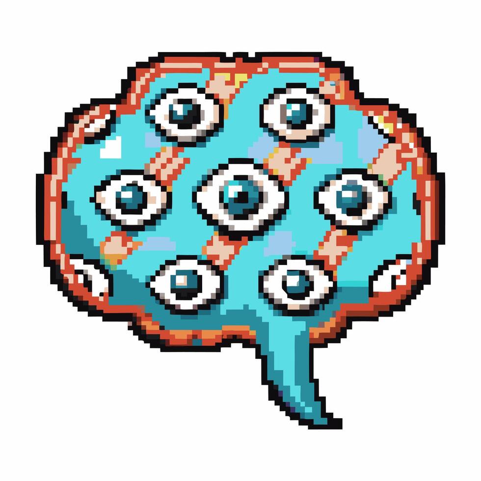 Pixel art brain with multiple eyes concept of surveillance or intelligence in technology, blue pattern vector