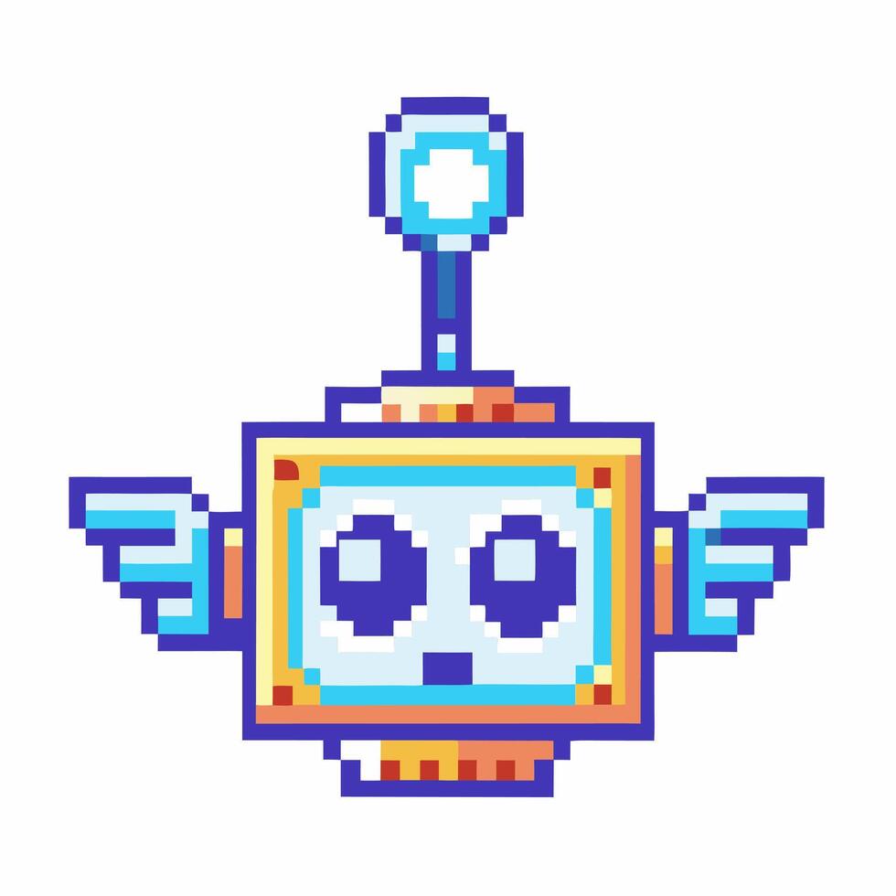 Pixel art robot with wings and antenna colorful retro technology character on white background vector