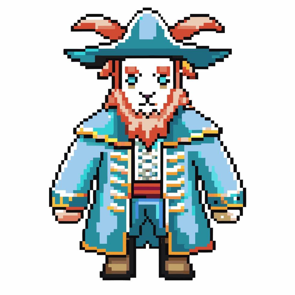 pixel art wizard goat character in blue robe with hat and beard vector