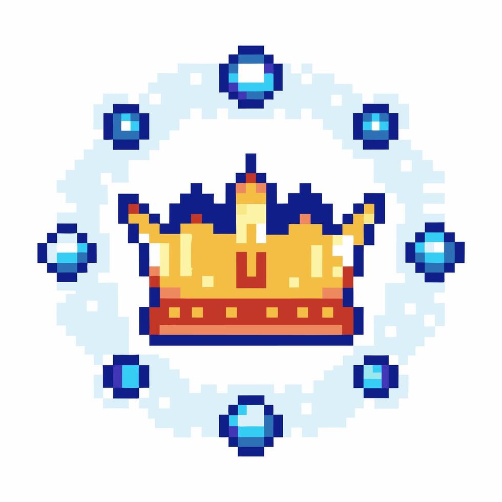pixel art crown surrounded by blue gems digital retro design, 8 bit gaming icon, royal symbol vector