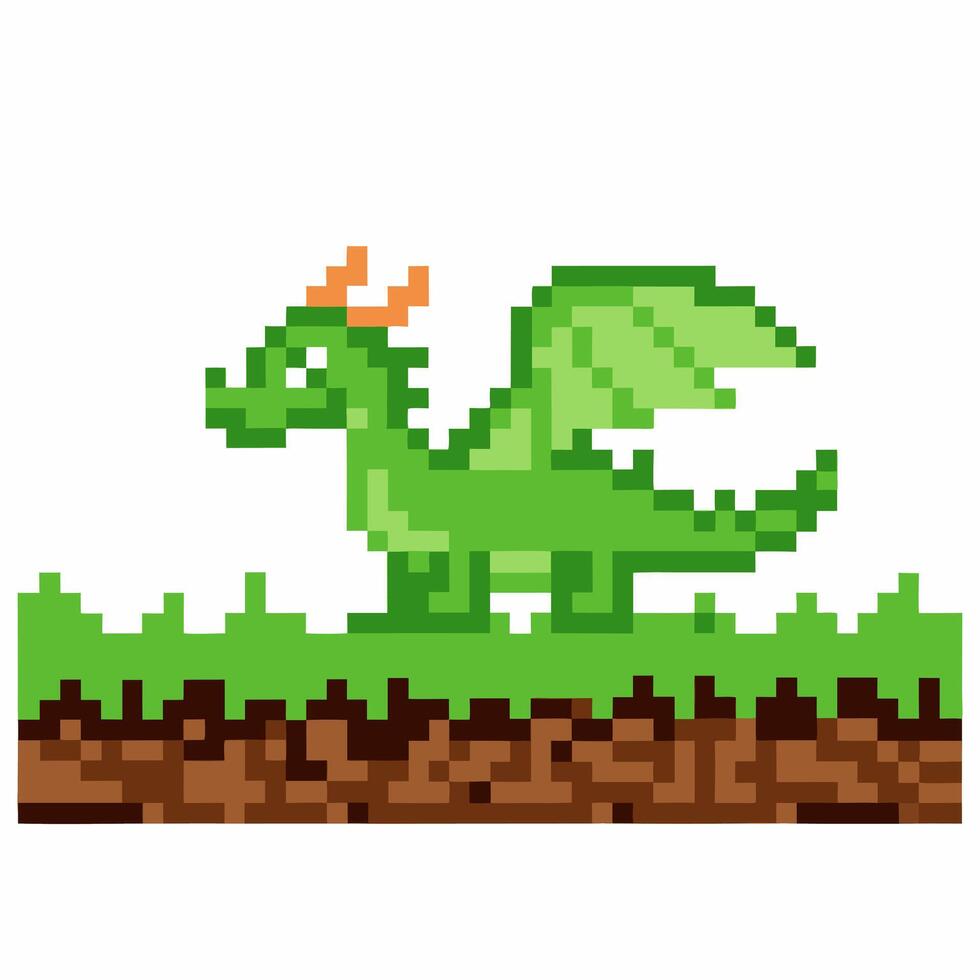 Pixel art green dragon with wings in grassy landscape retro game design, nostalgic fantasy creature vector