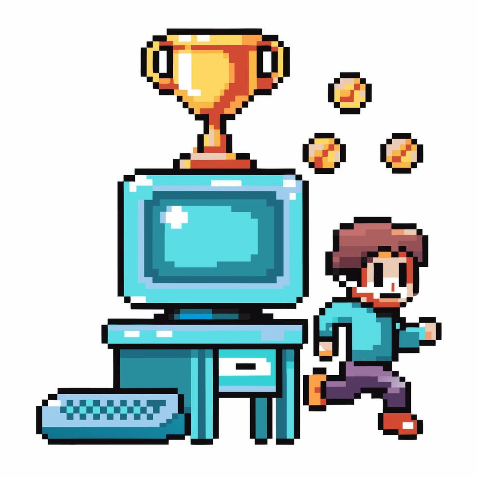 Retro gaming scene with pixel character, trophy, coins, computer monitor, and keyboard vector