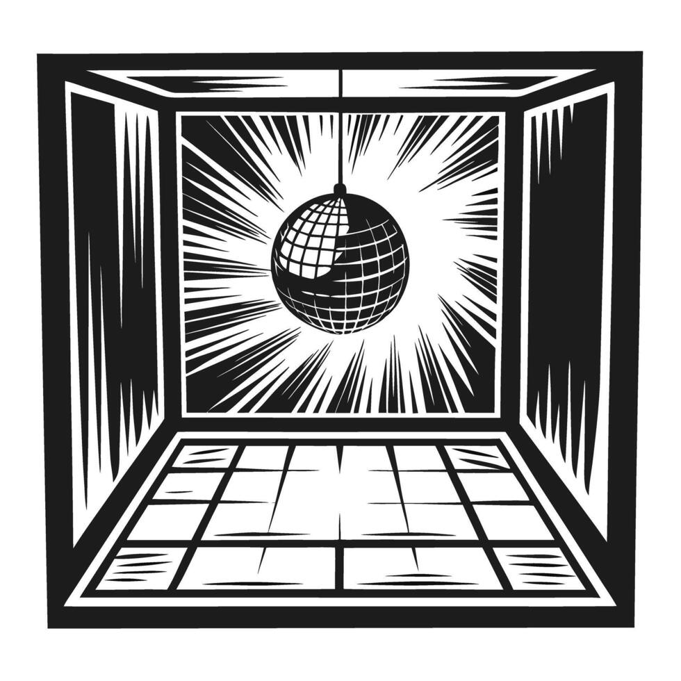 Monochrome disco ball in geometric design room, dynamic light lines and reflections vector
