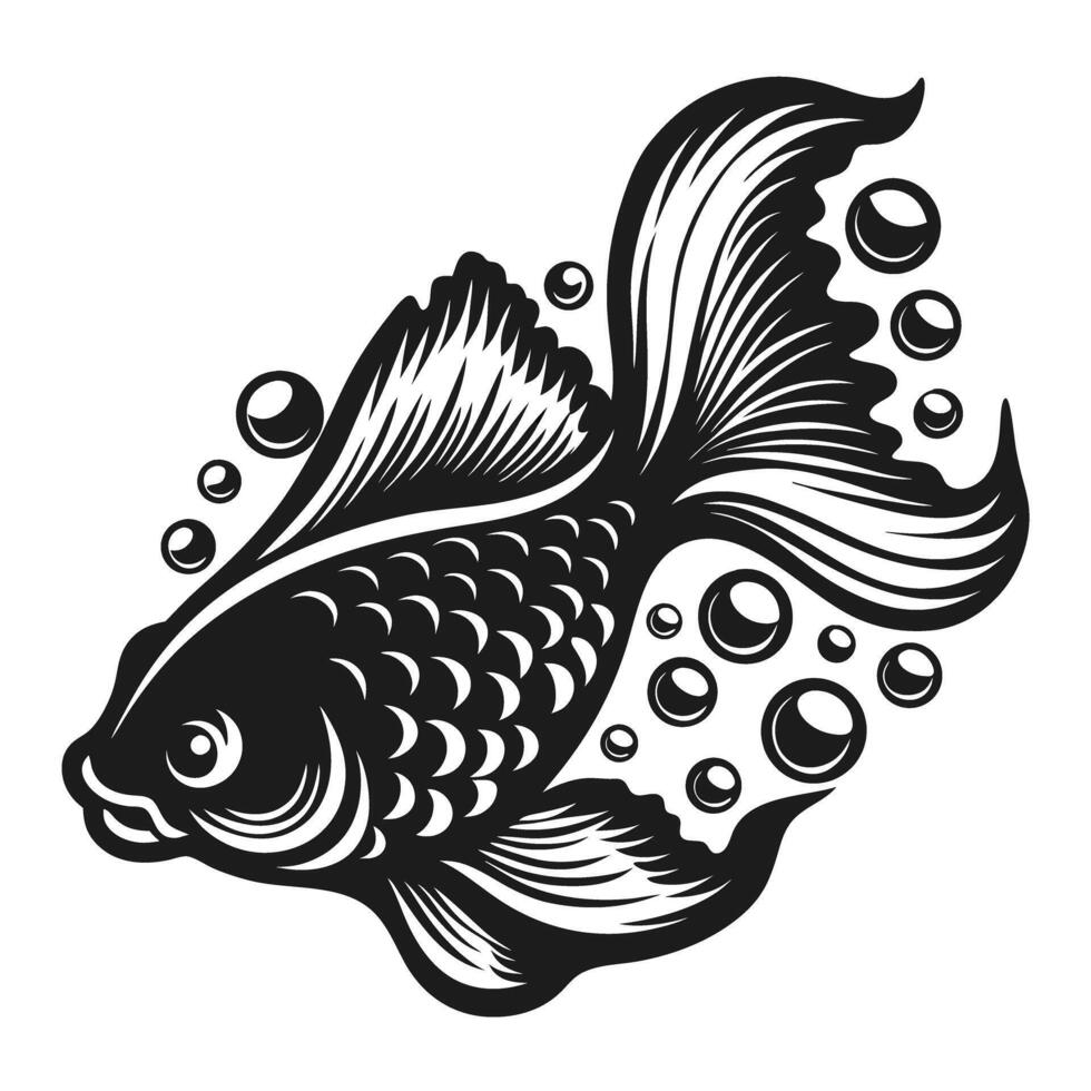 Intricate black and white illustration of a graceful fish with flowing fins and bubbles, aquatic elegance vector