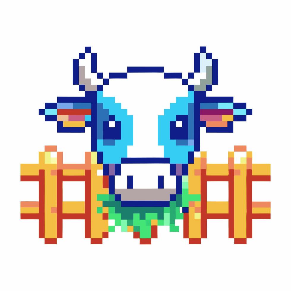 Pixel art cow behind fence, retro game nostalgic farm scene, colorful digital art vector