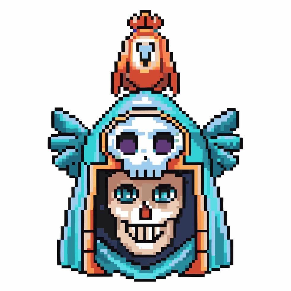Pixel art skull warrior helmet, colorful retro design with skulls and vibrant patterns vector
