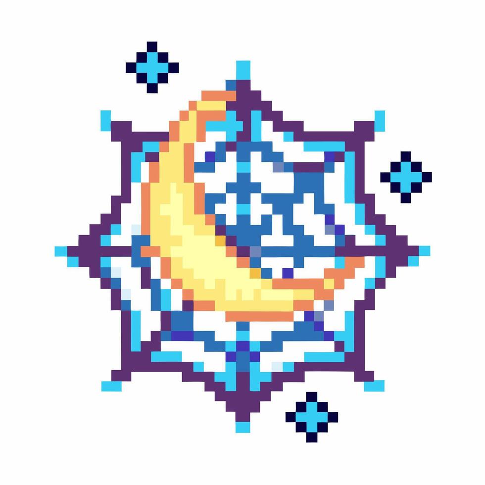 Pixel art crescent moon on geometric pattern background, 8 bit celestial design vector