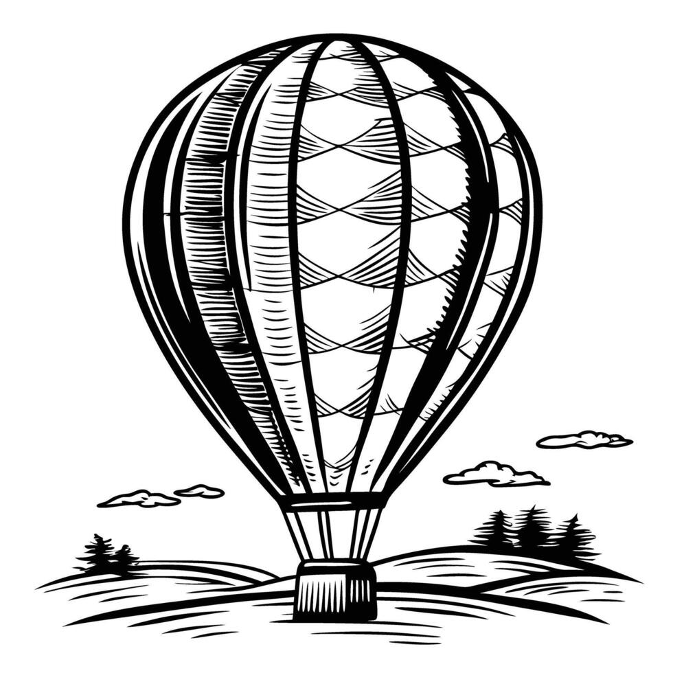 vintage hot air balloon illustration over scenic landscape with trees and clouds vector