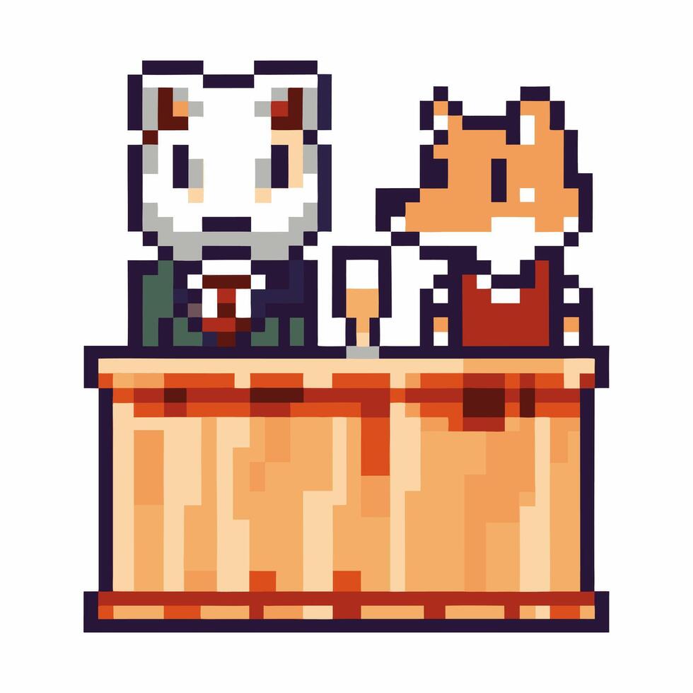 pixel art animals at table cat and fox in suits, vintage style, 8 bit retro game aesthetic vector