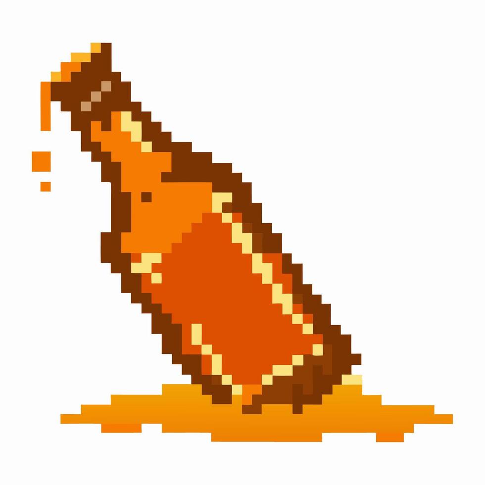 Pixel art beer bottle retro 8 bit with spilled liquid vector