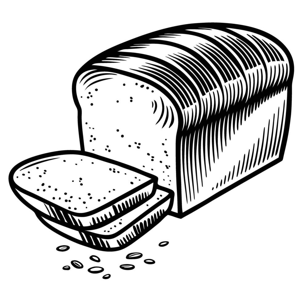 sliced loaf of artisan bread illustration in black and white fresh bakery item depicting hand drawn rustic vector