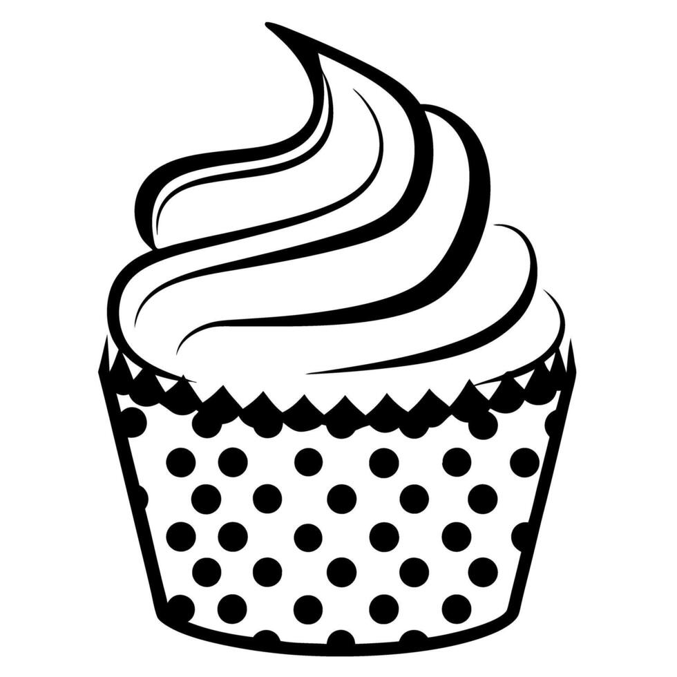Polka dot cupcake illustration with swirled frosting, black and white design vector