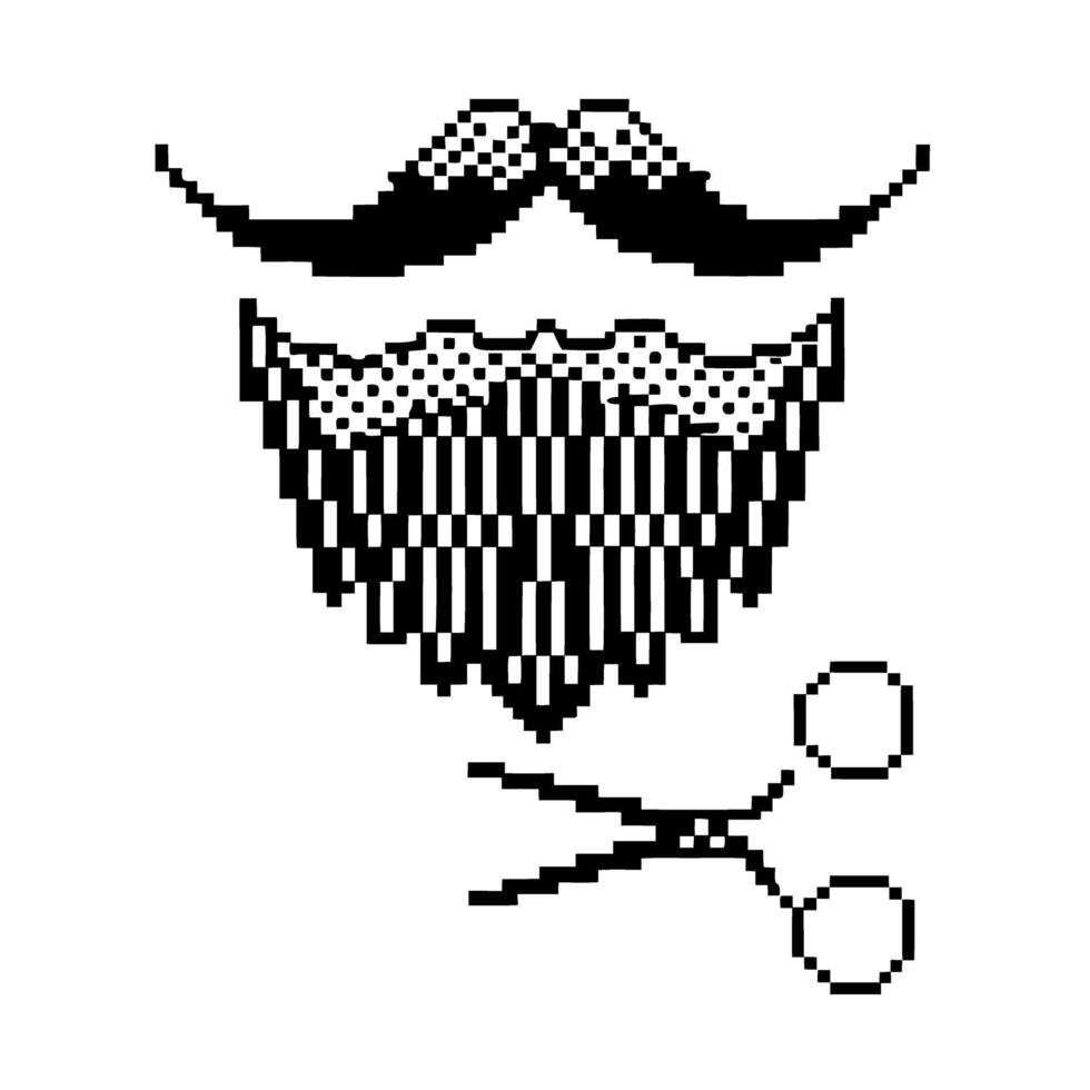 pixel art barber symbol with mustache, beard, and scissors retro grooming and hairstyle design vector
