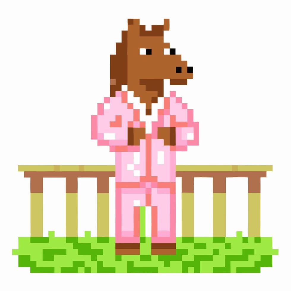 Pixelated horse in pink pajamas on wooden deck, retro pixel art vector