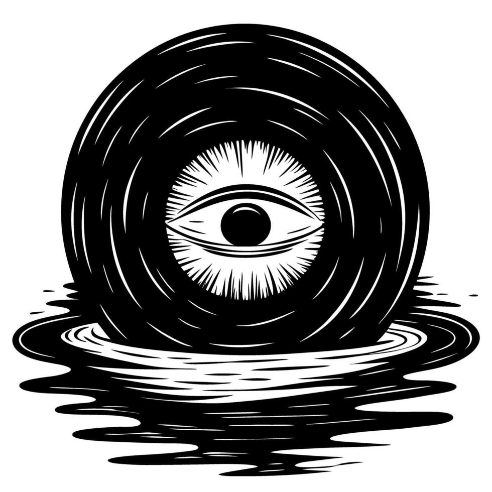 eye within circle design over water black and white surreal illustration with fluid ripples and bold lines vector