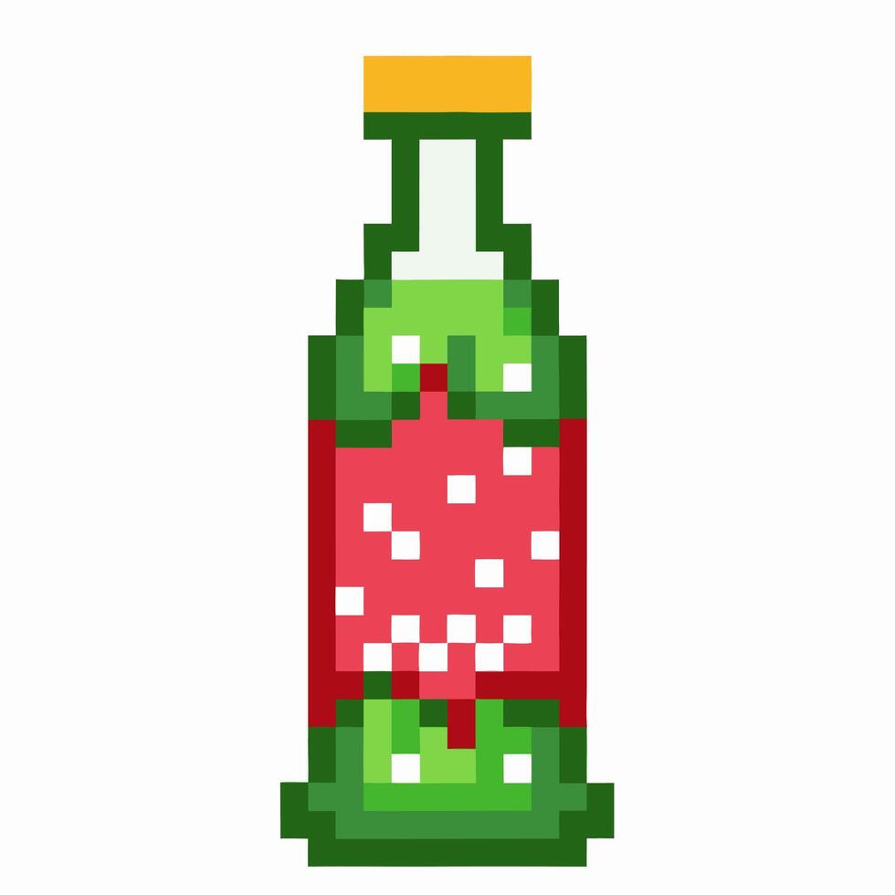 Pixel art of a green glass bottle with red label and bubbles vector