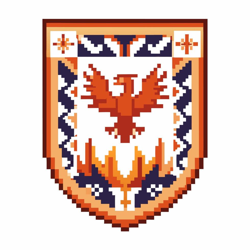 pixelated eagle emblem with geometric motifs, orange and blue design, retro game shield vector