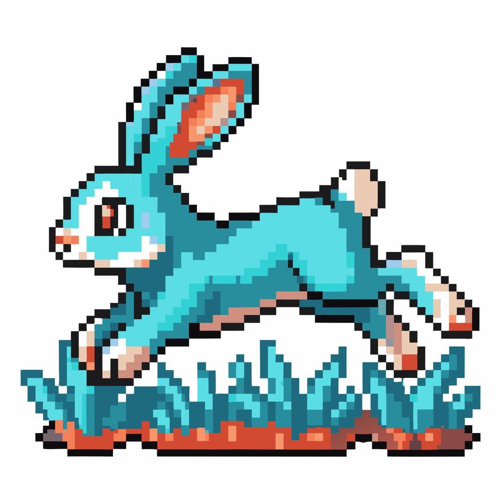 blue pixel art rabbit hopping through grass retro game illustration, vibrant digital nostalgia vector