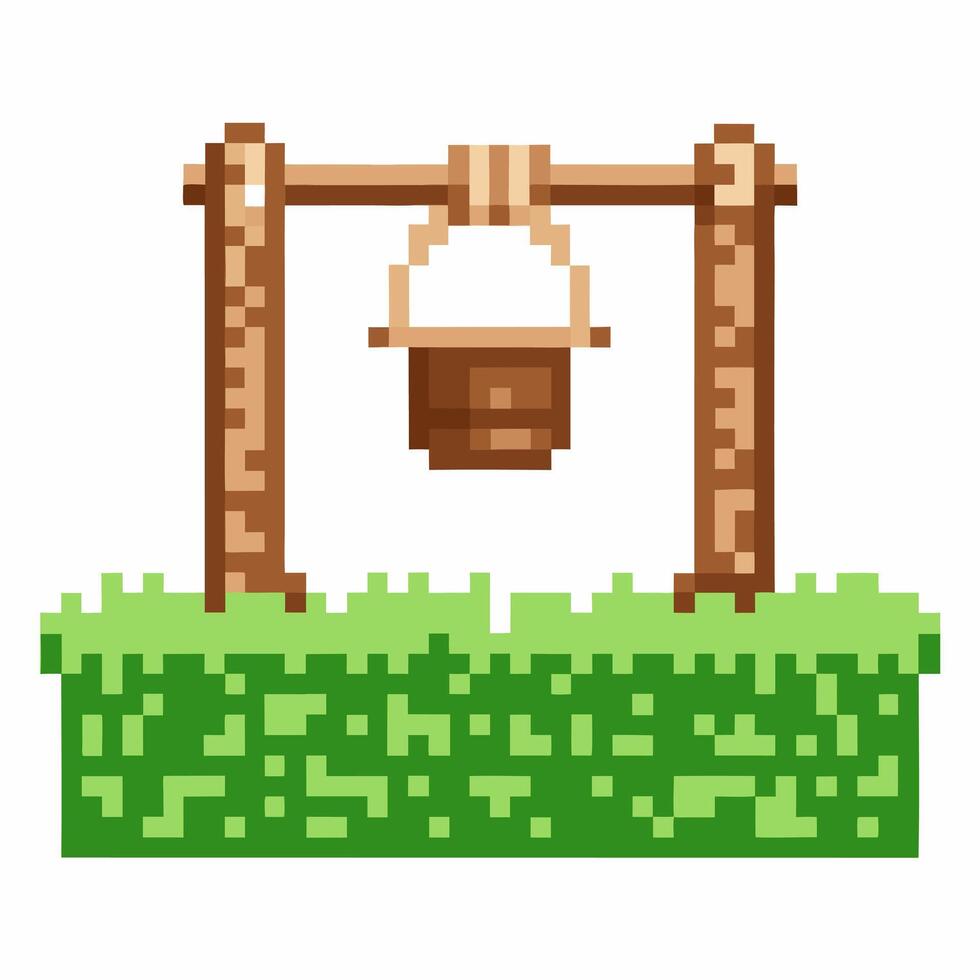 Pixel art well with wooden frame and bucket on grass block vector