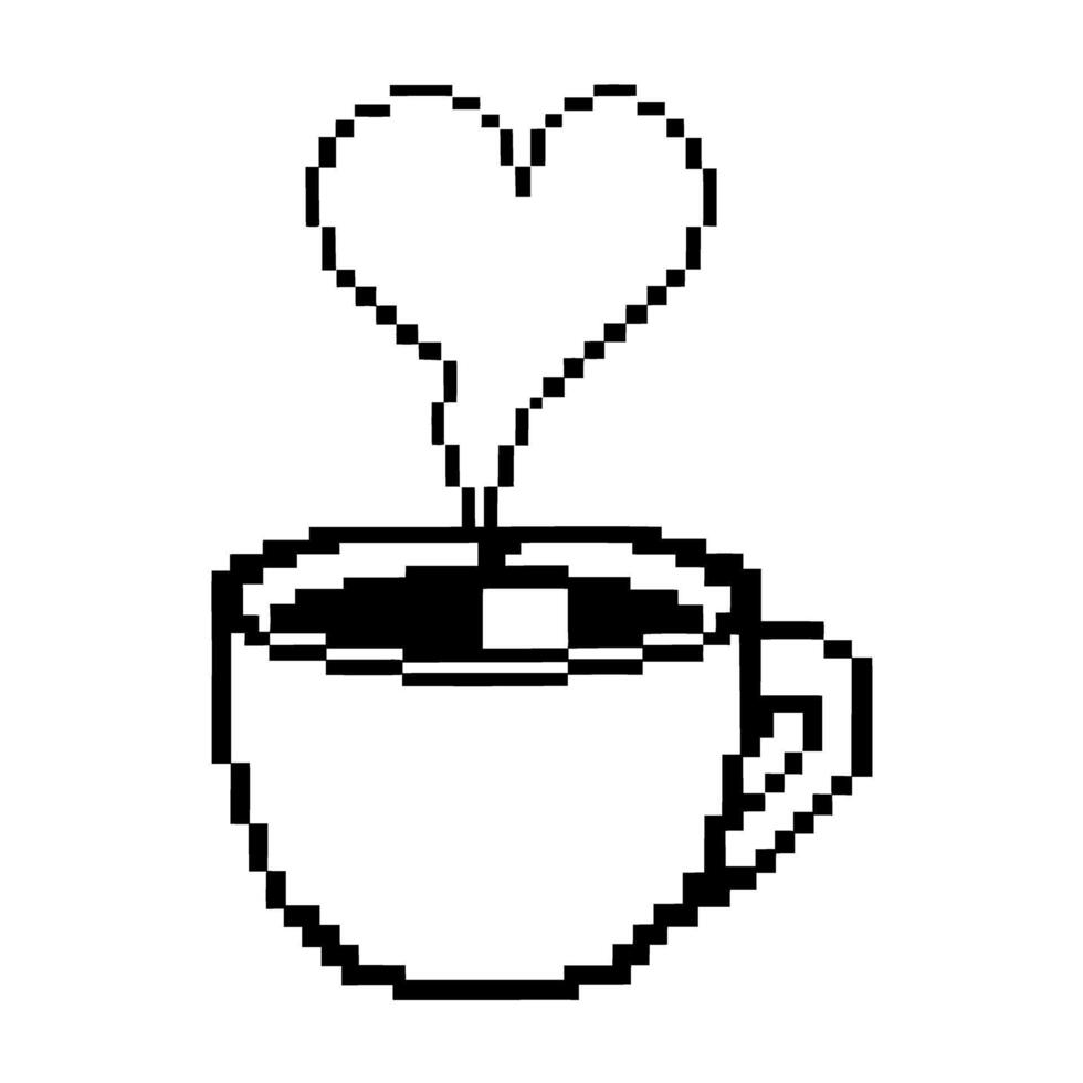 Pixel art coffee cup with heart shaped steam, simple black and white design, retro digital vector