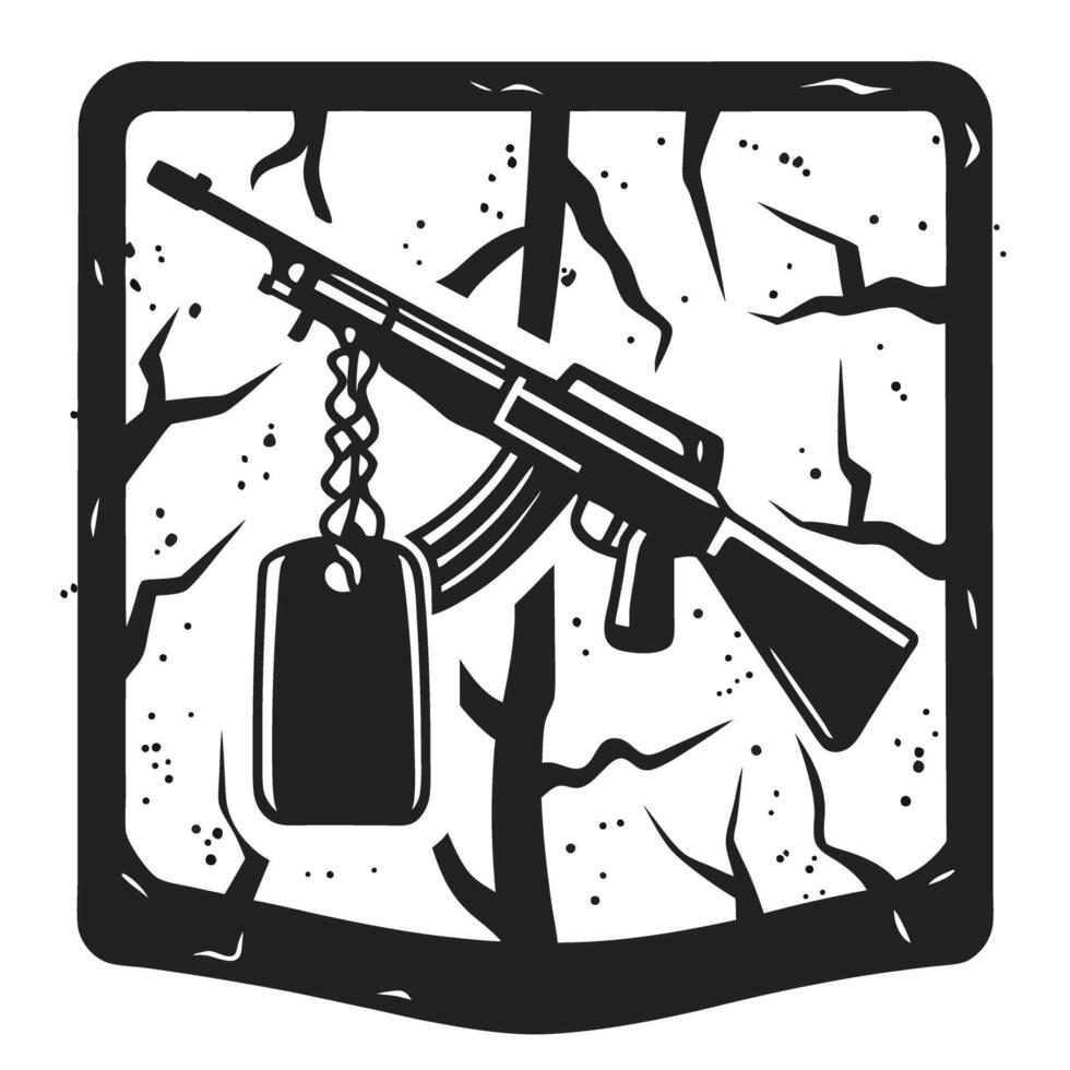 Assault rifle and dog tags illustration with cracked background vector