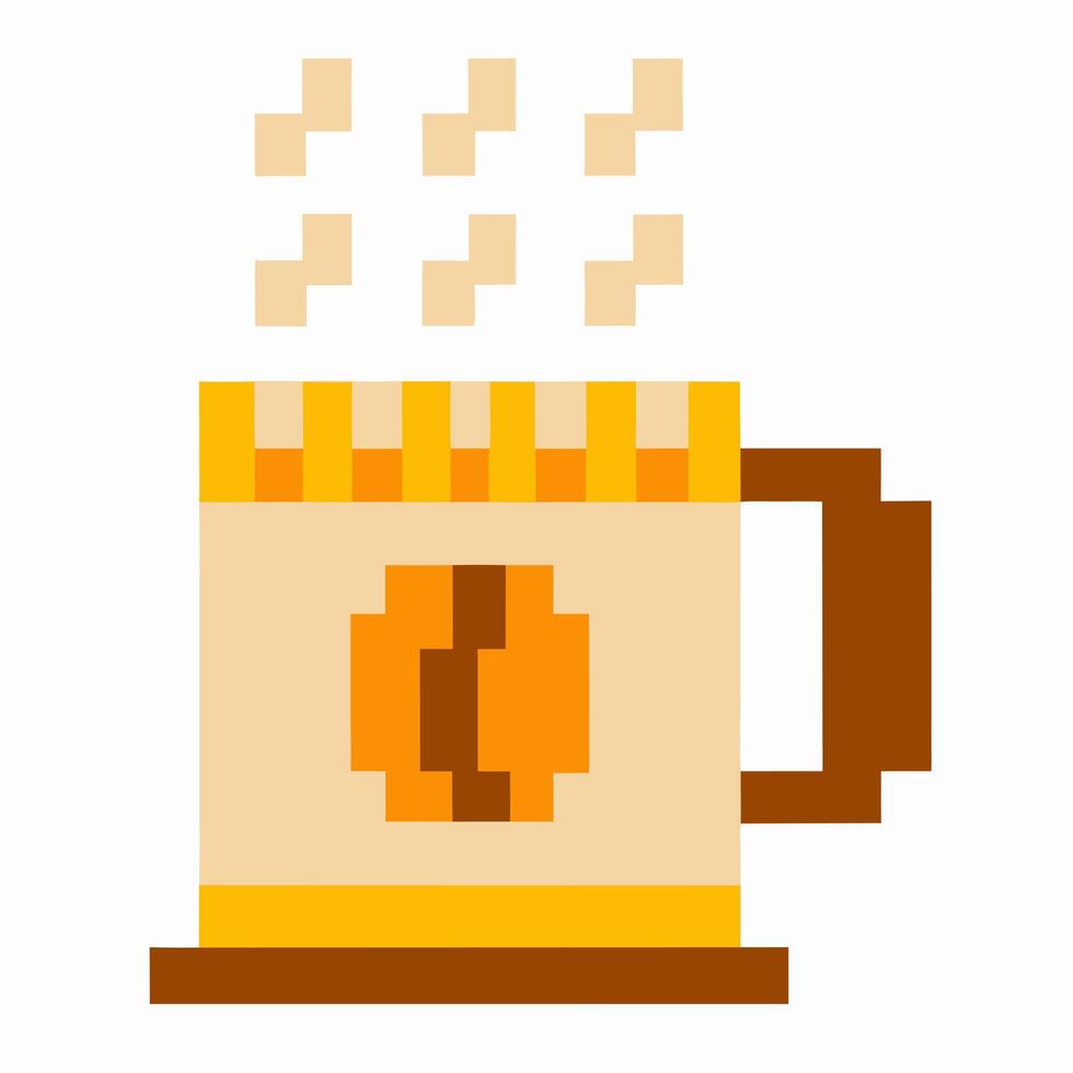 Pixel art coffee mug with steam, retro illustration beige cup, orange detail, digital graphic vector