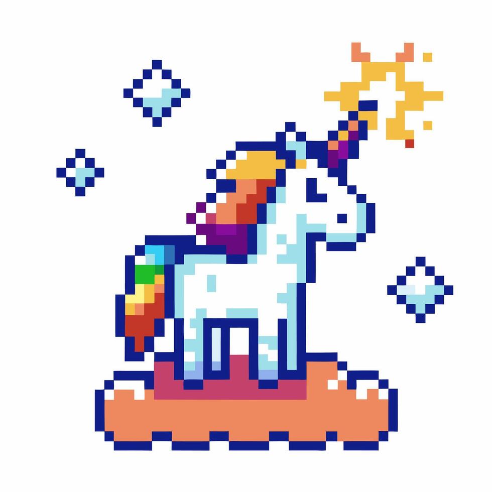 pixel unicorn with rainbow mane on cloud platform, surrounded by sparkling stars magical fantasy theme in retro vector