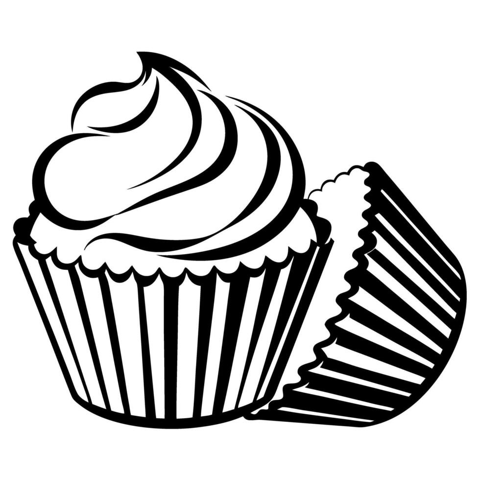 Black and white cupcake illustration with swirled frosting design vector