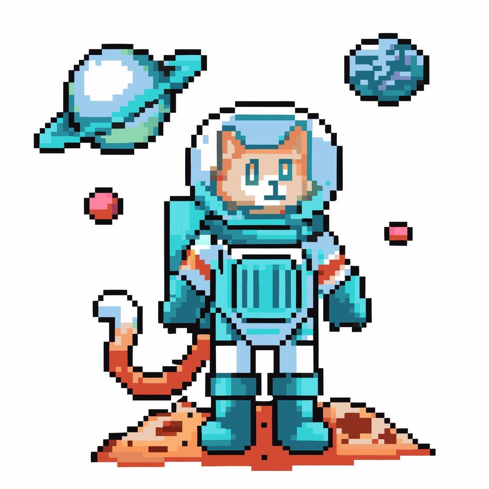 Pixel art astronaut cat in space with planets and moons vector
