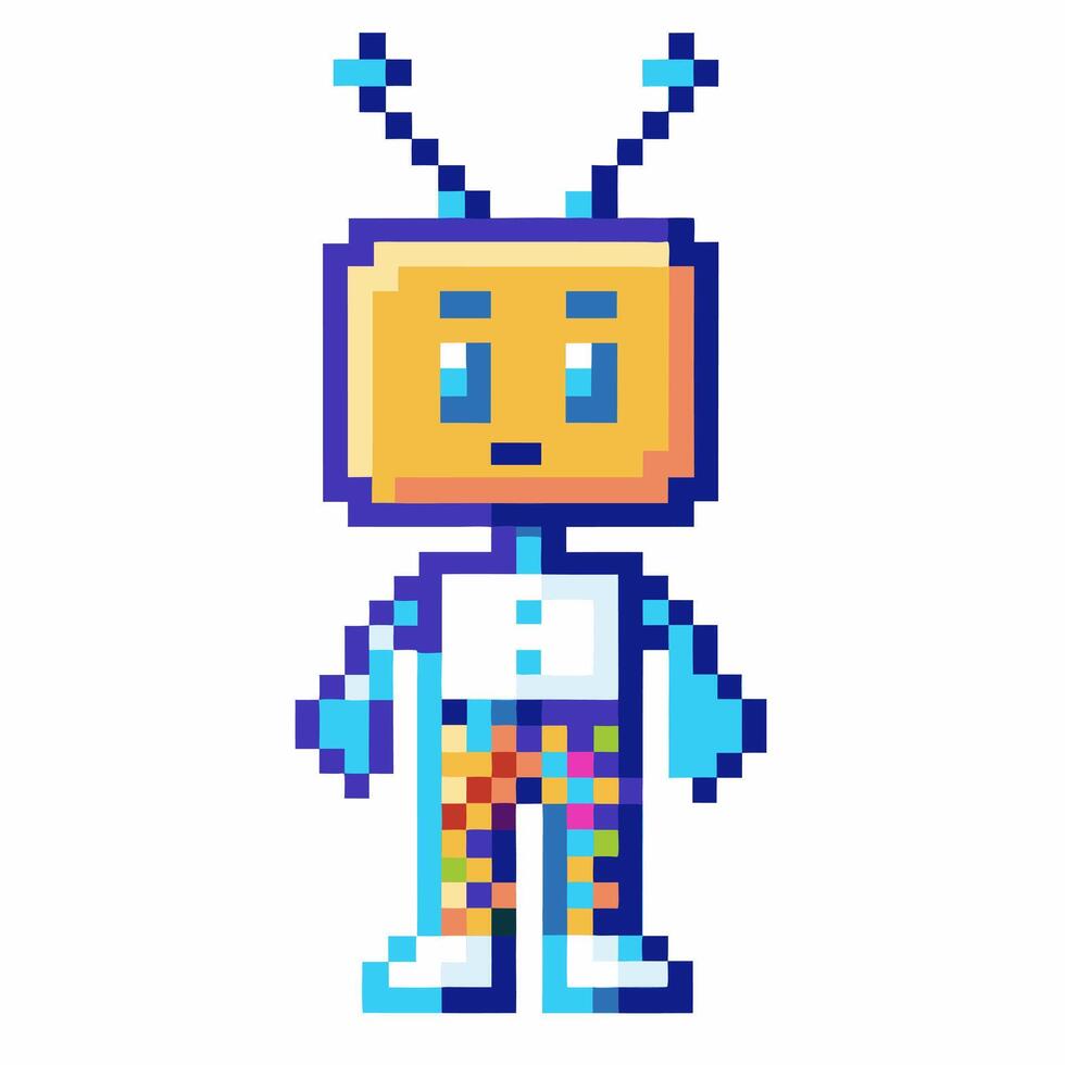 Pixel art robot with antennae in colorful checkered pants retro digital character with vibrant design vector