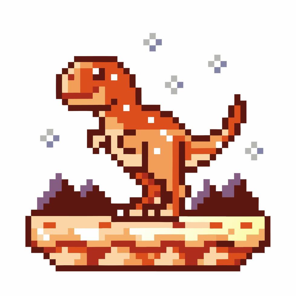 Pixelated dinosaur on floating platform with stars in retro game vector