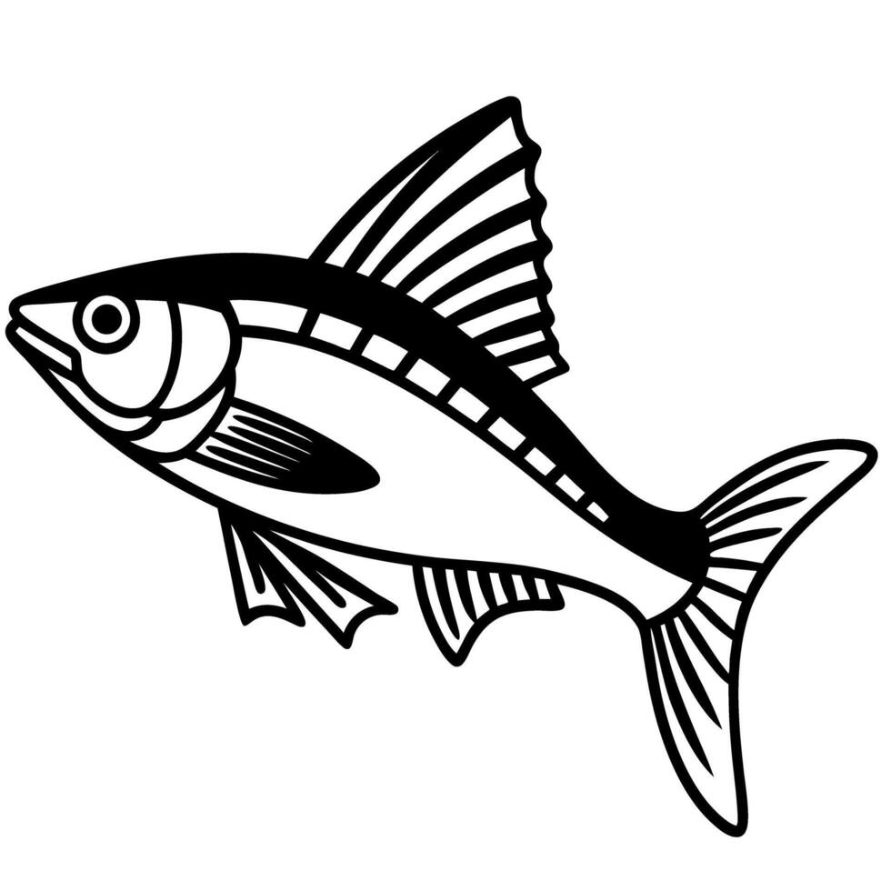 stylized fish illustration with detailed fins and scales intricate aquatic design in black and white vector