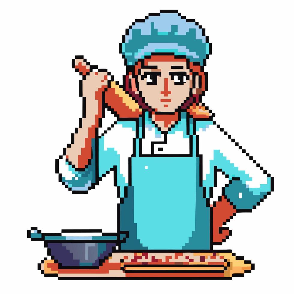 pixel art chef preparing dough with rolling pin and pot nearby retro cooking scene, culinary creativity vector