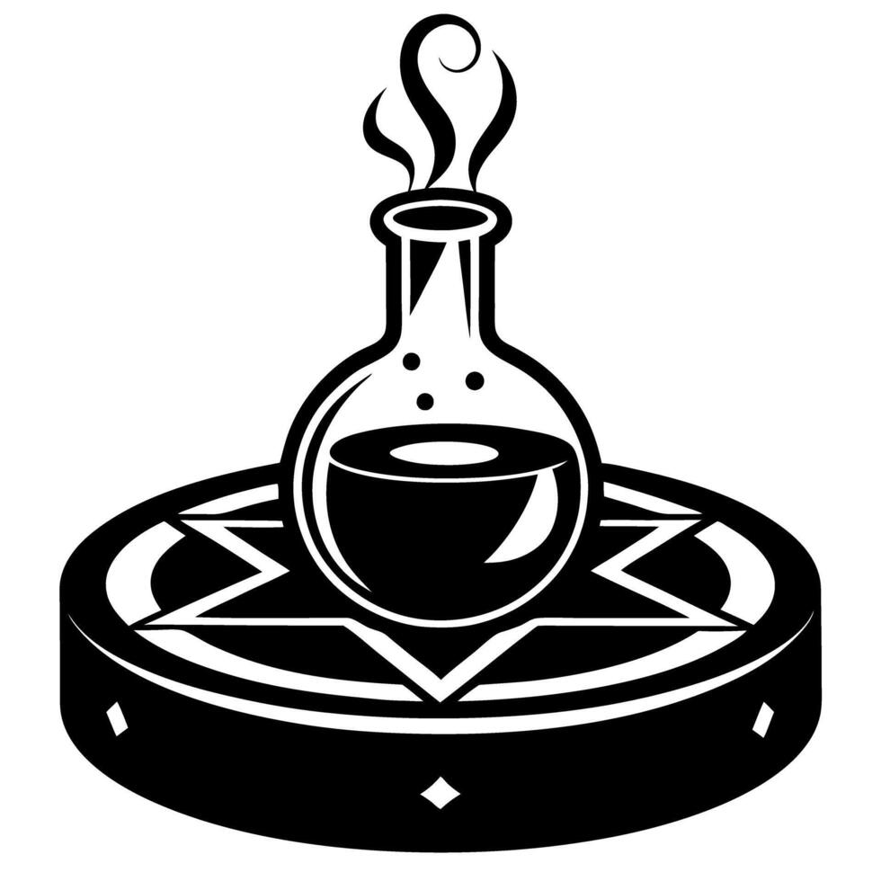 alchemy symbol with a steaming potion flask on a mystical geometric base design vector