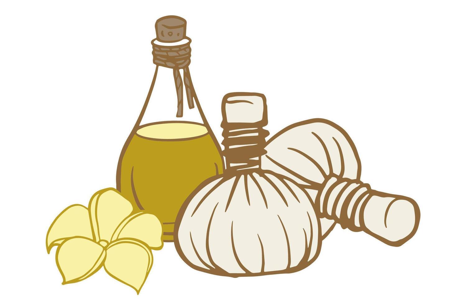SPA or Thai massage accessories set with massage oil, herbal compress. Massage wellness service concept. doodle illustration for web, landing pages, voucher, poster. vector