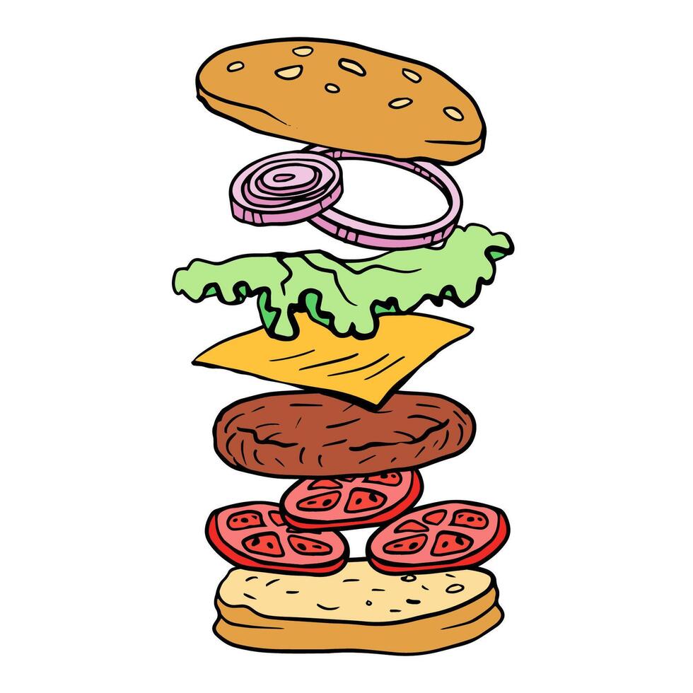 hamburger hand drawn color line illustration realistic sketch with its flying ingredients- cheese, onion, cutlet, tomatoes, lettuce for poster, menu, package design vector