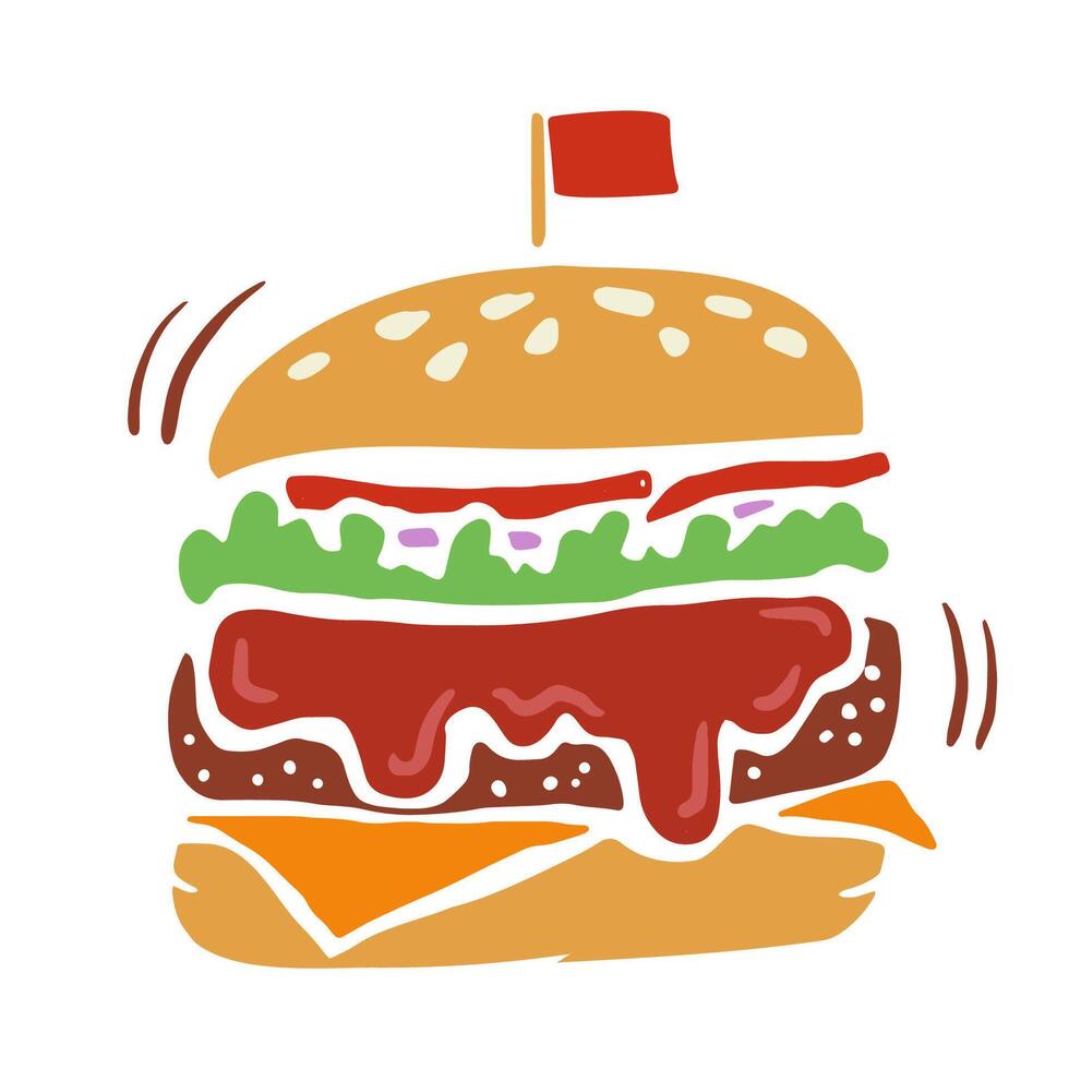 Hand drawn color burger with flag, dripping cheese, and bold lines, great for food branding, burger shop logos, icons, menus, packaging, social media designs. vector