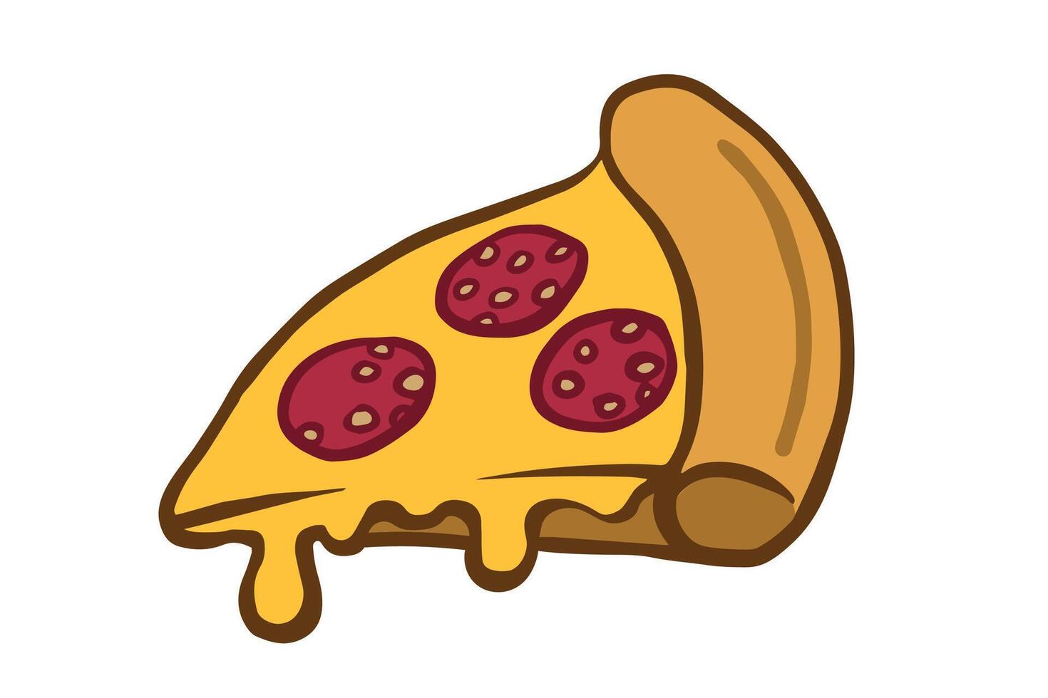 A fun illustration of a slice of pepperoni pizza with gooey cheese. Suitable for menus, stickers, packaging, posters, blogs and kids projects. vector