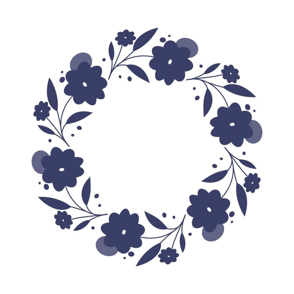 A circle of blue flowers and leaves. The composition of the image is a round floral wreath placed on a white background. vector