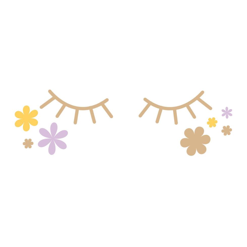 illustration of cartoon closed eyes with long eyelashes surrounded by small flowers in soft pastel tones. For decorating a children's room or unusual design projects. vector